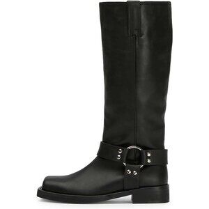 Women's Black Knee High Boots Slip On Riding Boots With Buckle Sexy Squared Toe